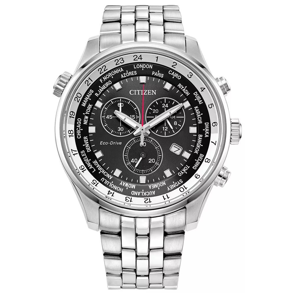 Citizen Mens Eco-Drive Stainless Steel Chronograph World Time Black Dial Bracelet Watch - AT0368-58E Silver Product Image