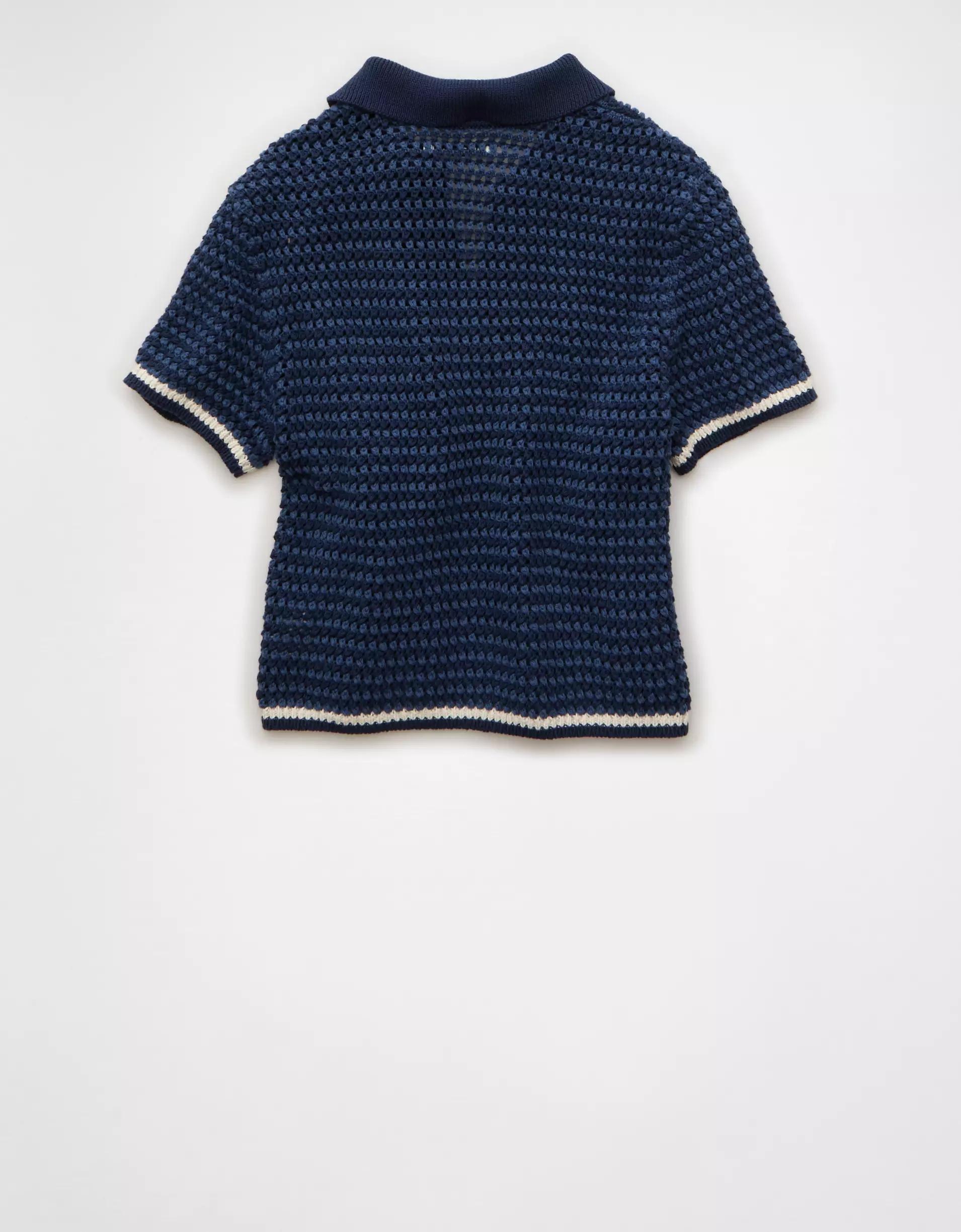 AE Cropped Crochet Sweater Polo Shirt Product Image