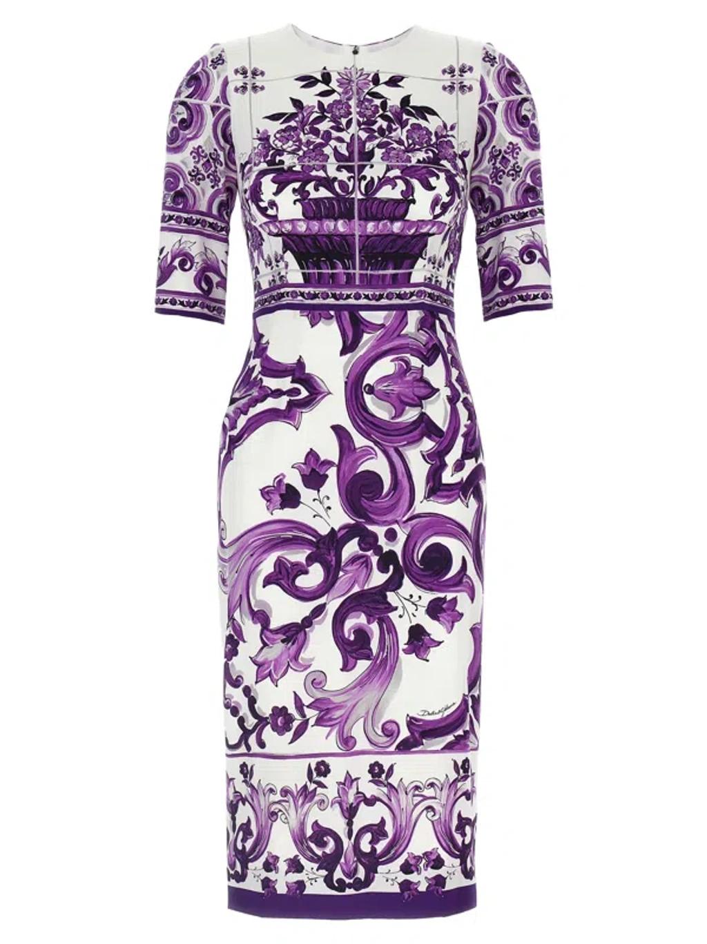 DOLCE & GABBANA Violet Crewneck Dress With Rear Zip Closure And All-over Floral Print In Silk Stretch Woman In Purple Product Image