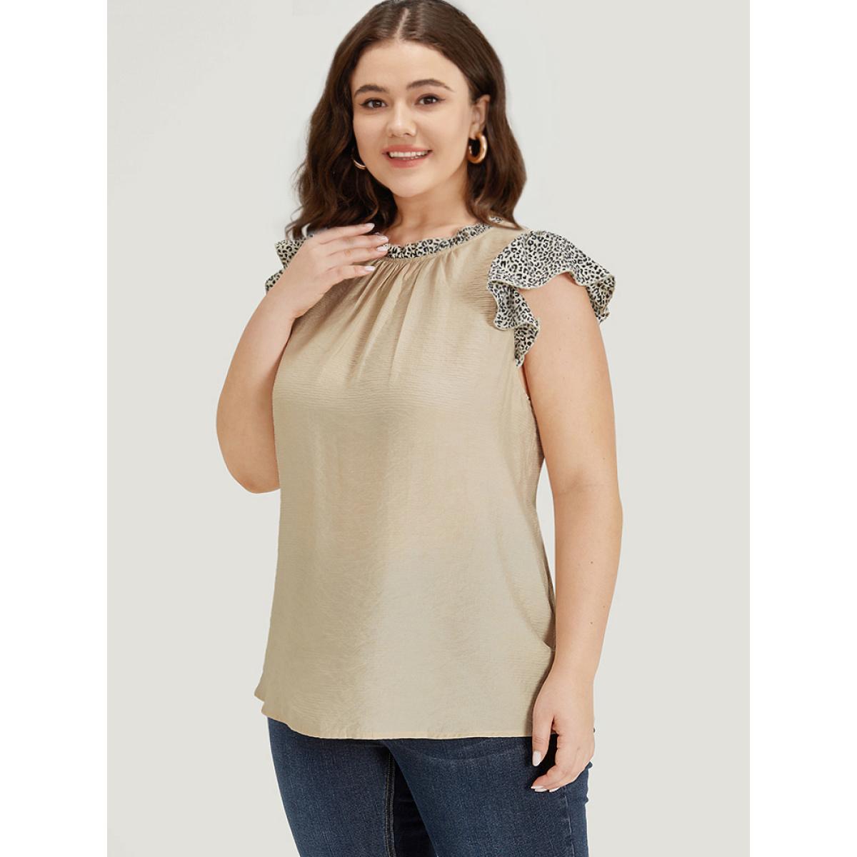 Plus Size Apricot Leopard Patchwork Halter Frill Trim Flutter Sleeve Blouse Women Elegant Cap Sleeve Halter neck Dailywear Blouses BloomChic 14-16/1X Product Image