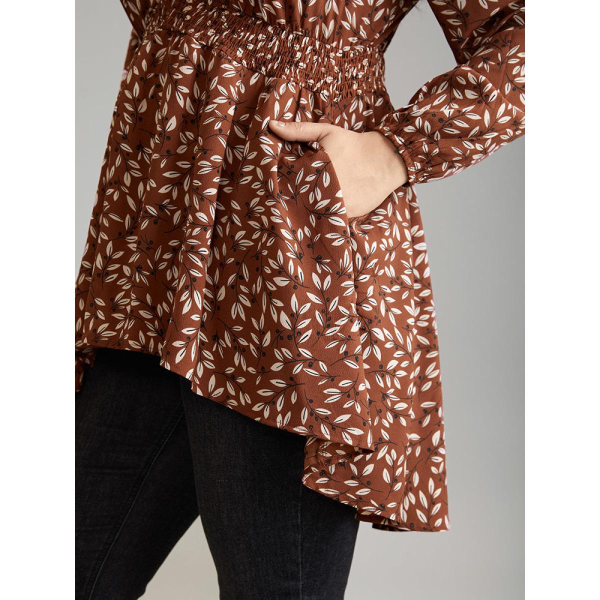 Plus Size Russet Ditsy Floral Shirred Elastic Waist High Low Hem Blouse Women Elegant Long Sleeve V-neck Everyday Blouses BloomChic 28/5X Product Image