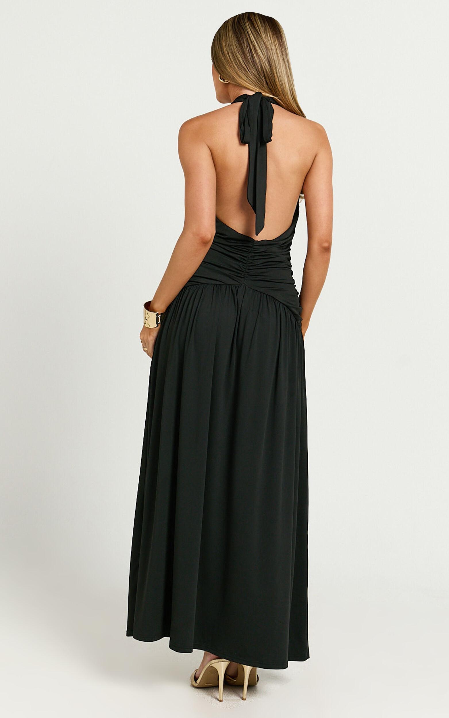 Sandy Maxi Dress - Halter Plunge Fit And Flare Dress in Black Product Image