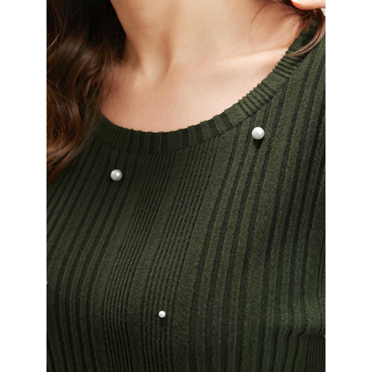 Plus Size Solid Round Neck Pearls Beaded Rib Knit Sweatshirt Women DarkGreen Casual Beaded Round Neck Dailywear Sweatshirts BloomChic 28/5X Product Image