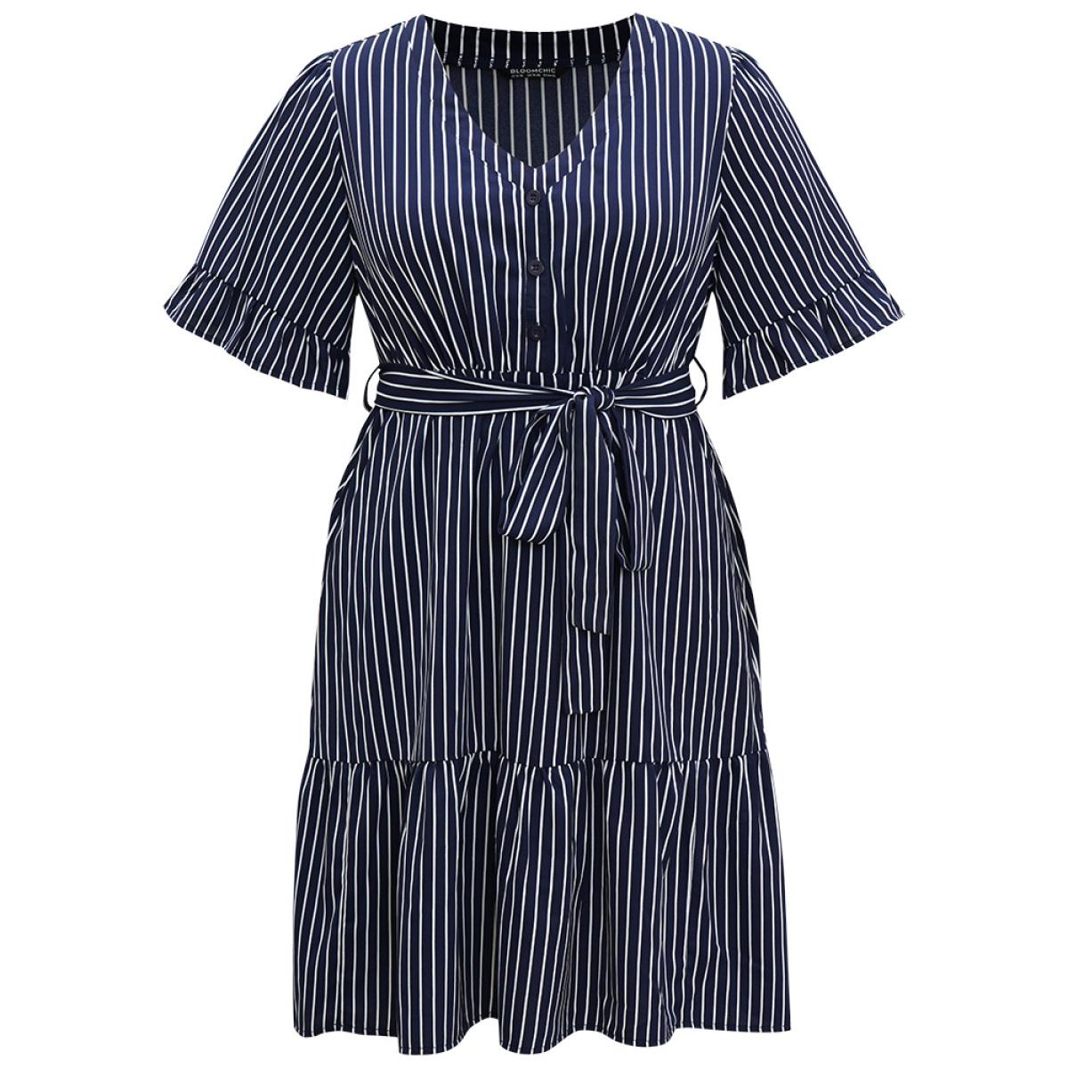 Plus Size Striped Belted Button Detail Flutter Sleeve Dress DarkBlue Women Casual Belted V-neck Short sleeve Curvy Midi Dress BloomChic 22-24/3X Product Image