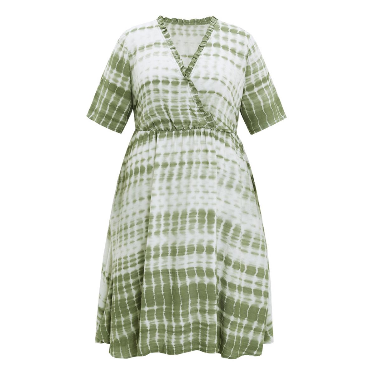 Plus Size Tie Dye Surplice Neck Pocket Frill Trim Dress LightGreen Women Vacation Wrap V-neck Short sleeve Curvy Knee Dress BloomChic 22-24/3X Product Image