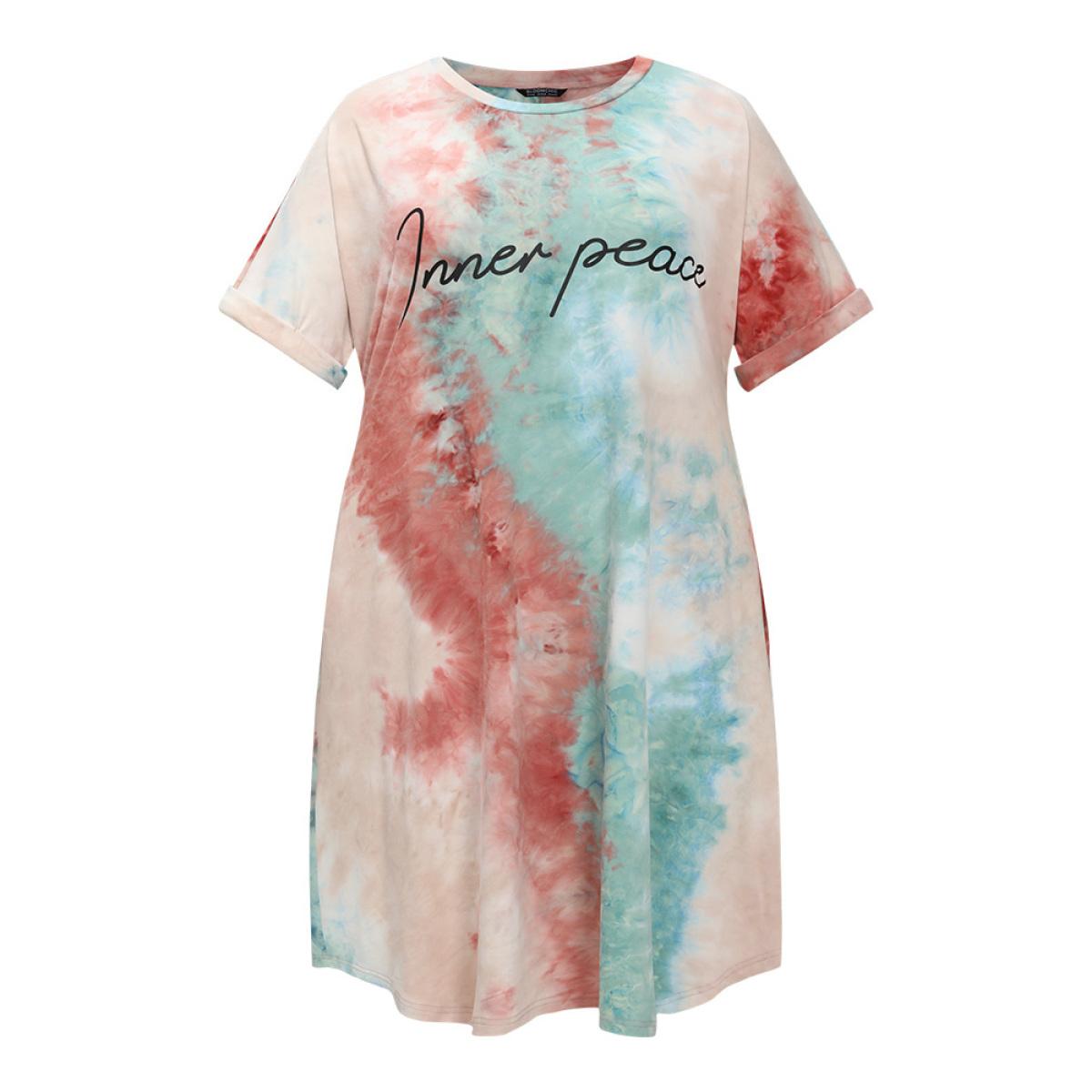 Plus Size Letter Print Pocket Tie Dye Cuffed Sleeve Dress Multicolor Women Casual Printed Curvy Midi Dress BloomChic 10/M Product Image