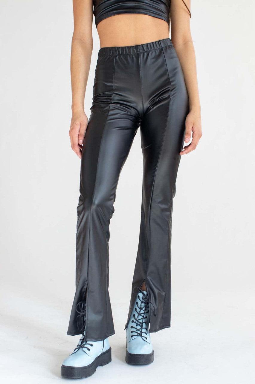 Black Split Front Pleather Bell Bottoms Product Image