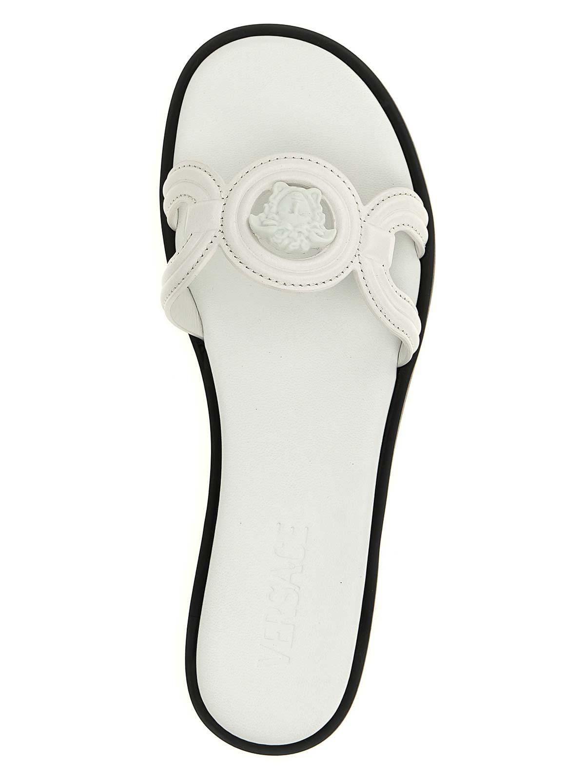 VERSACE Medusa Leather Flat Slide Sandals In White Product Image