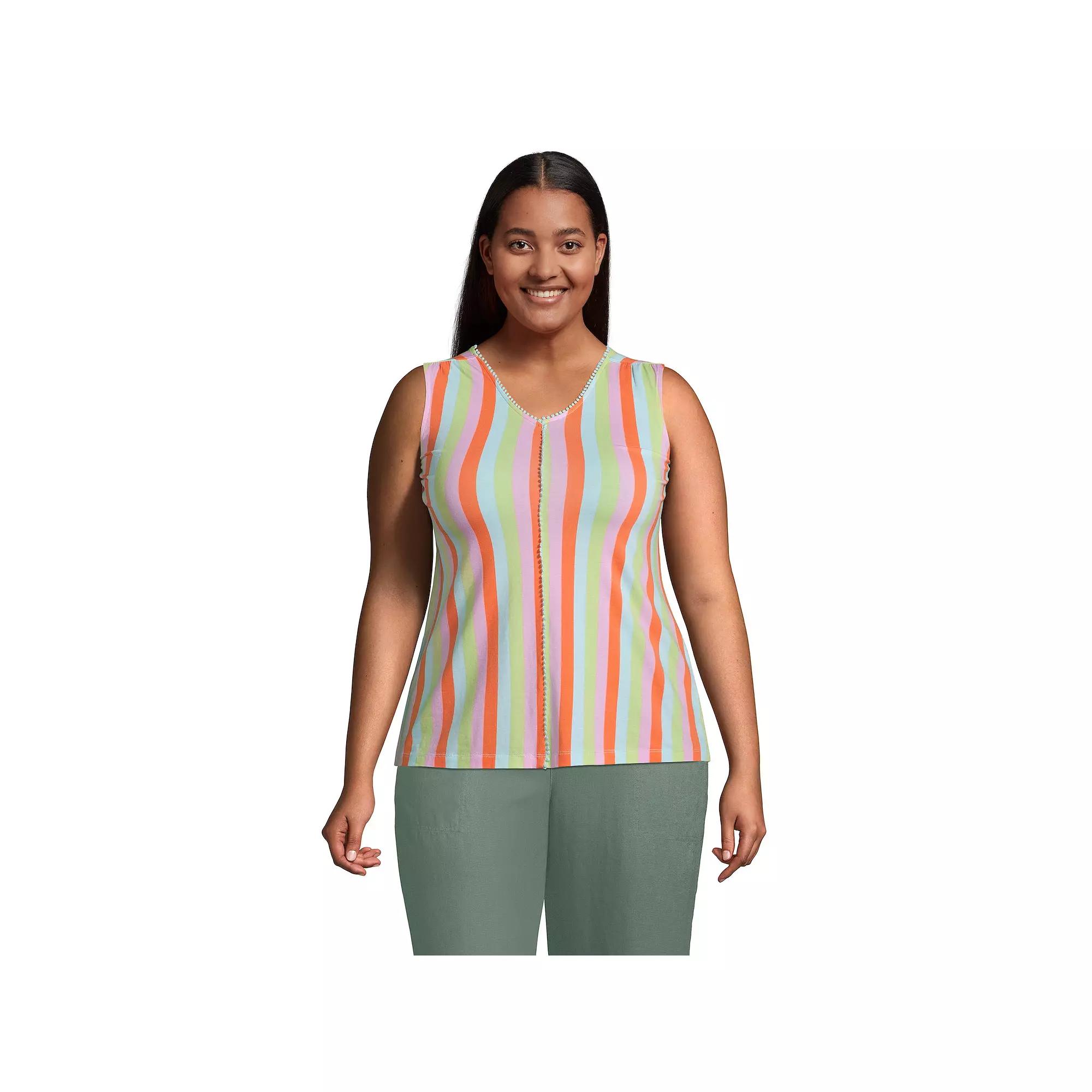 Plus Size Lands' End Trimmed V-Neck Tank Top, Women's, Size: 1XL, Orange Team Stripes Product Image