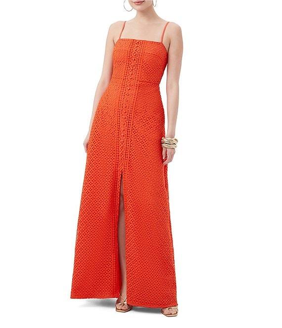 Trina Turk Akumi Geometric Lace Square Neck Sleeveless Front Slit Maxi Dress Product Image