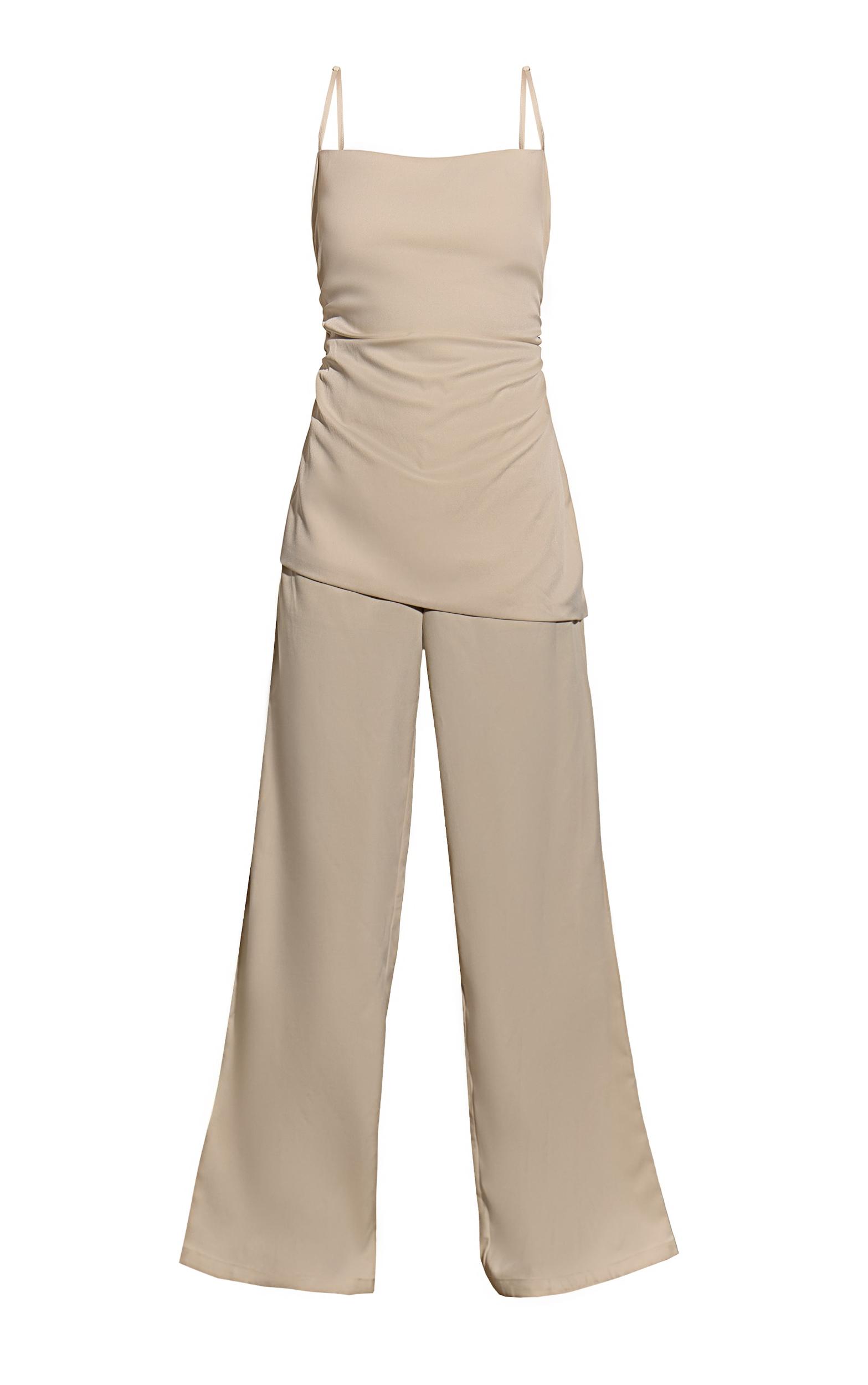 Oyster Woven Ruched Bodice Overlay Straight Leg Jumpsuit Product Image