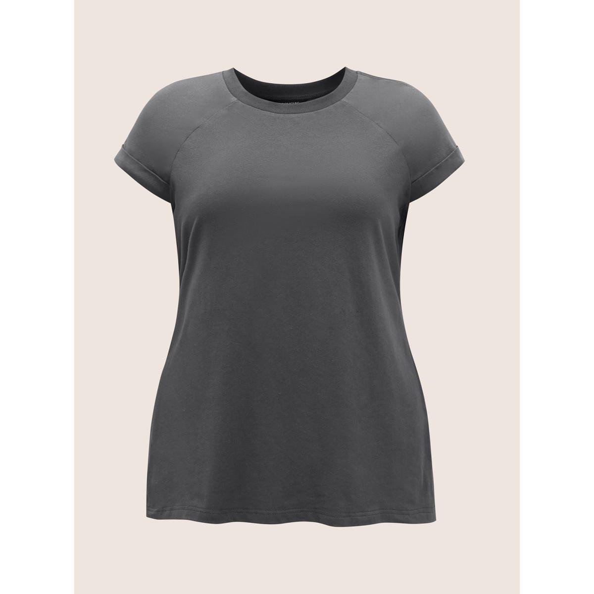 Plus Size Cotton Solid Crew Neck Roll Sleeve T-shirt DimGray Women Casual Roll Hem Round Neck Everyday T-shirts BloomChic 26/4X Product Image