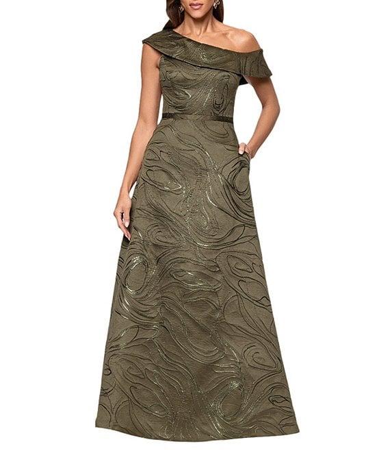 Xscape Jacquard Metallic One Shoulder A-Line Gown Product Image