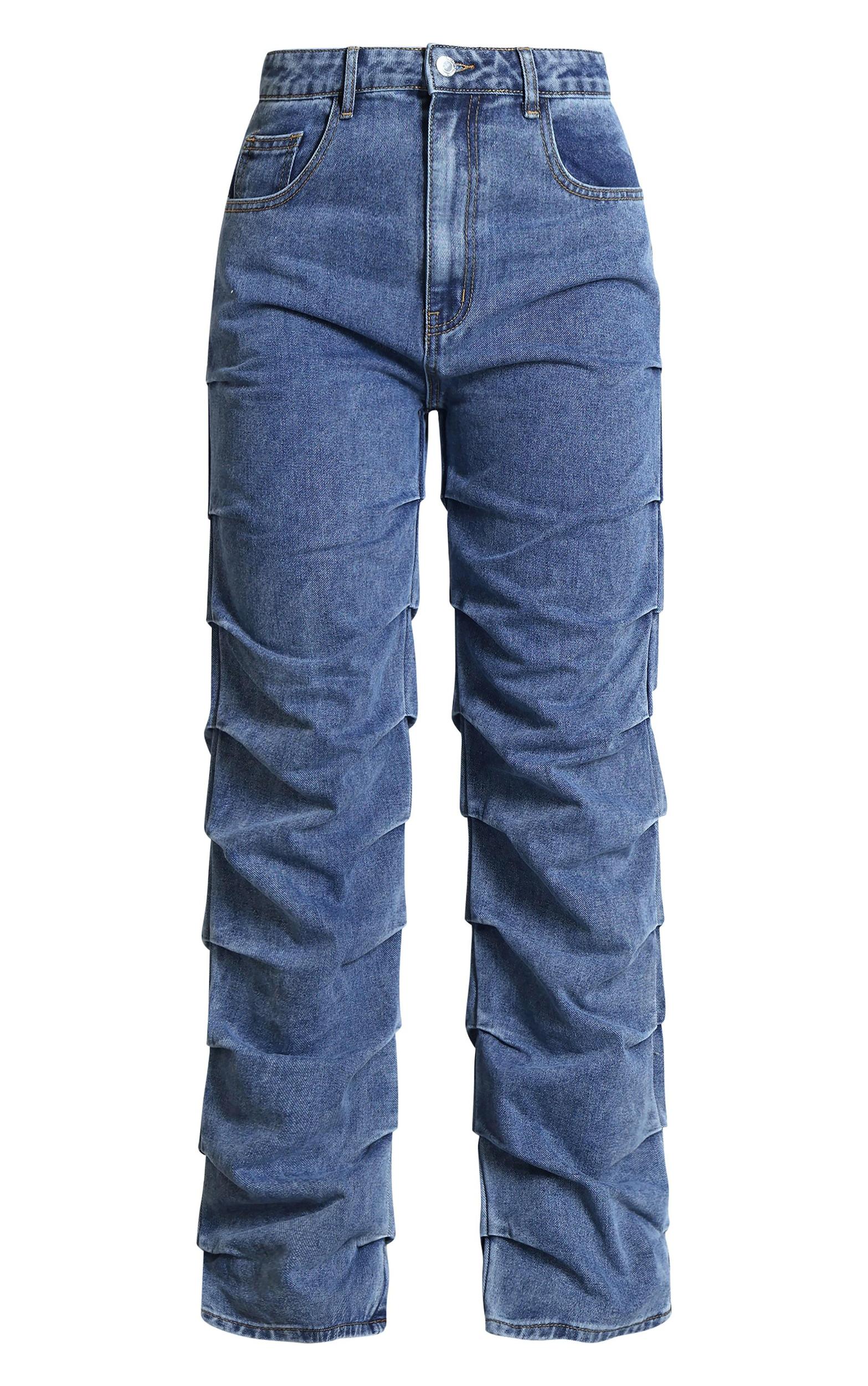 Vintage Wash Ruched Straight Leg Denim Jeans Product Image