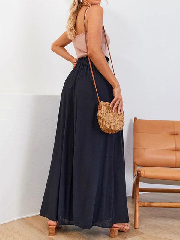 High Waisted Loose Drawstring Elasticity Pockets Solid Color Pants Trousers Product Image