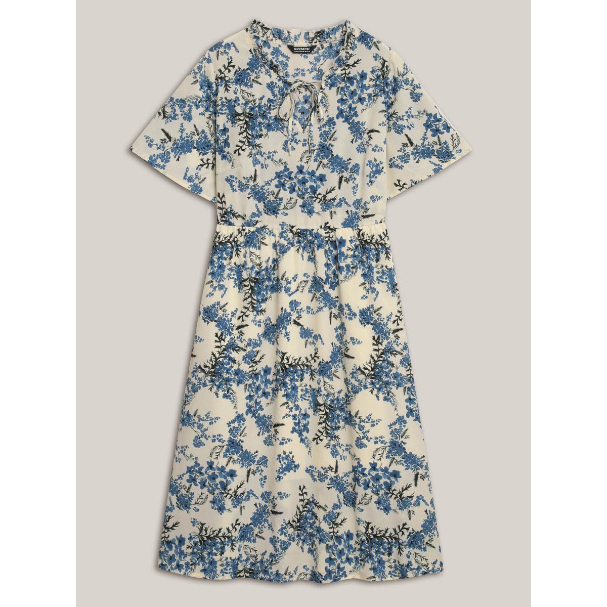 Plus Size In Full Bloom Notched Collar Pockets Midi Dress Skyblue Women Elegant Tie knot Notched collar Short sleeve Curvy BloomChic 28/5X Product Image