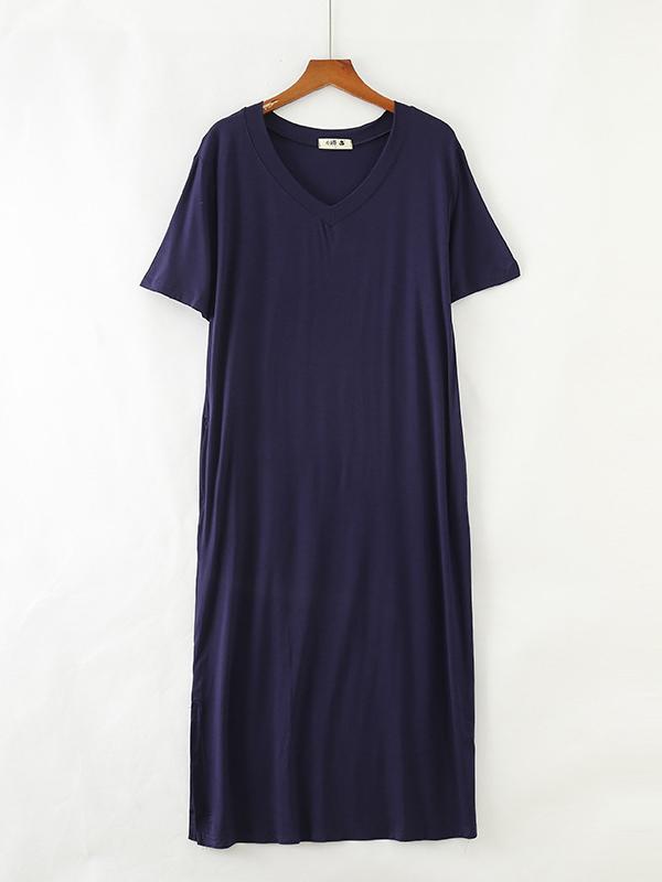 Simple Short Sleeves Loose Split-Side Solid Color V-Neck Pajamas Dress Product Image