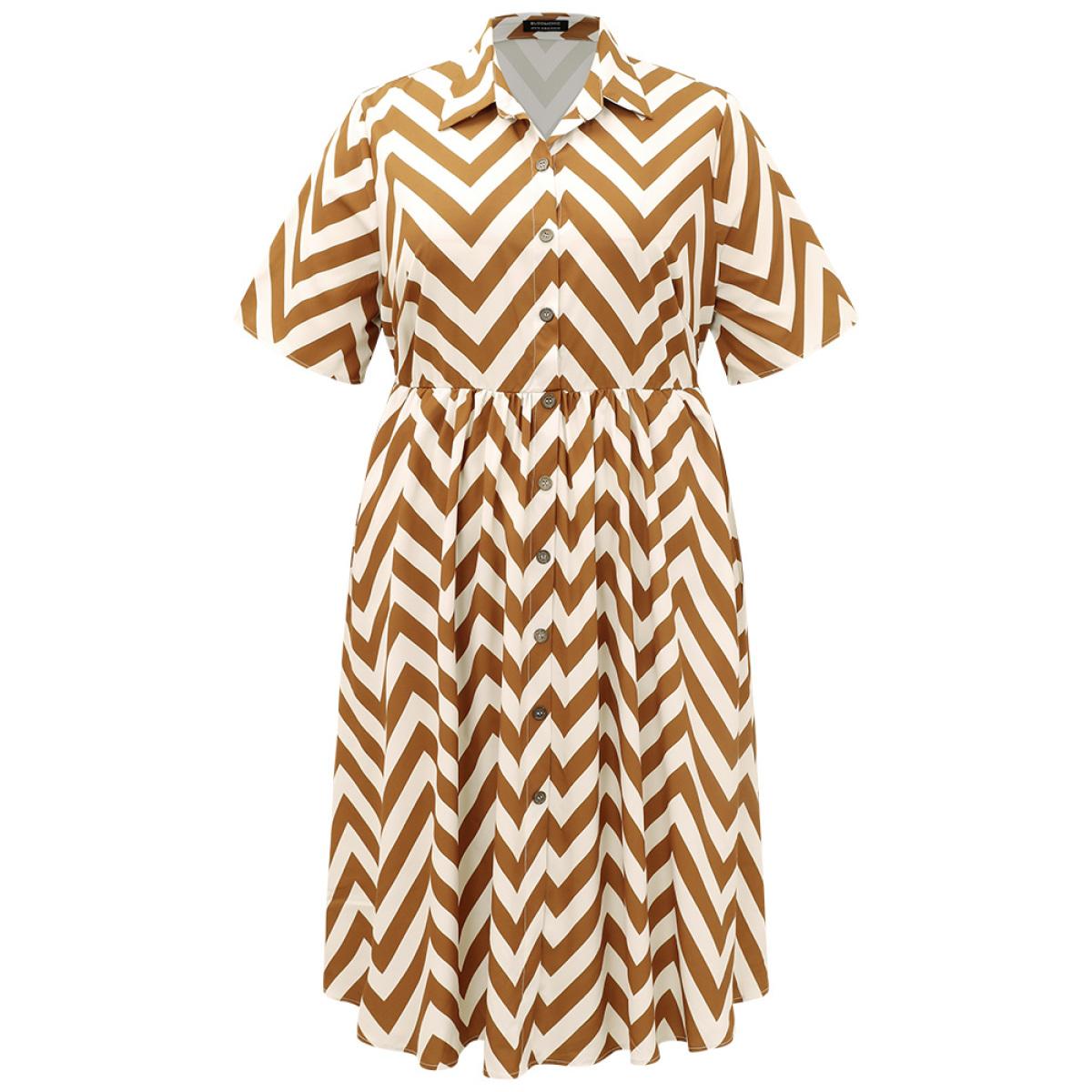 Plus Size Geometric Print Shirt Collar Button Through Dress Bronze Women Office Printed Shirt collar Short sleeve Curvy Midi Dress BloomChic 10/M Product Image