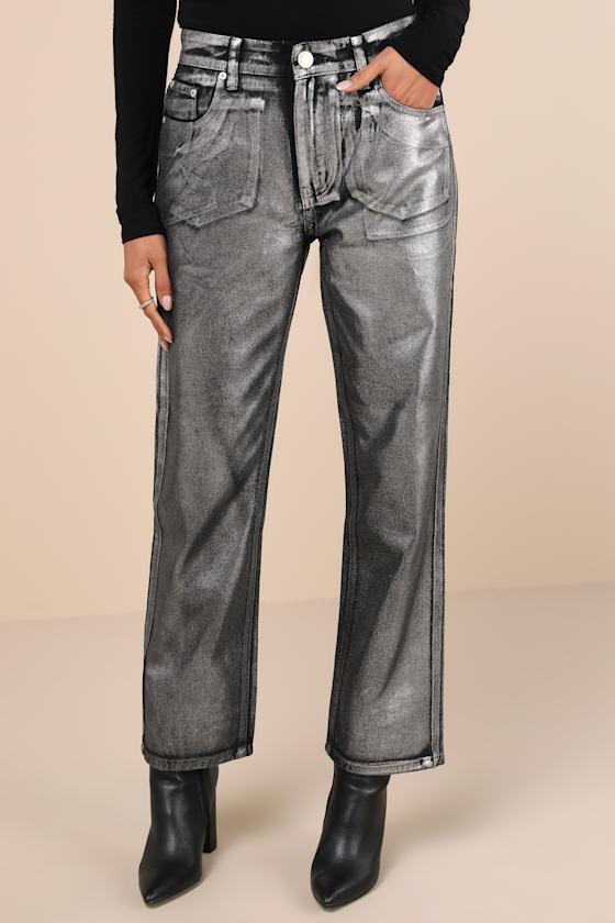 Trendiest Shine Black Metallic Coated Straight Leg Jeans Product Image