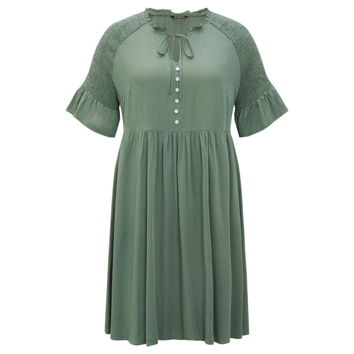 Plus Size Plain Frill Trim Button Detail Pocket Ruffles Shirred Sleeve Dress Mint Women Elegant Frill Trim V-neck Half Sleeve Curvy Midi Dress BloomChic 22-24/3X Product Image
