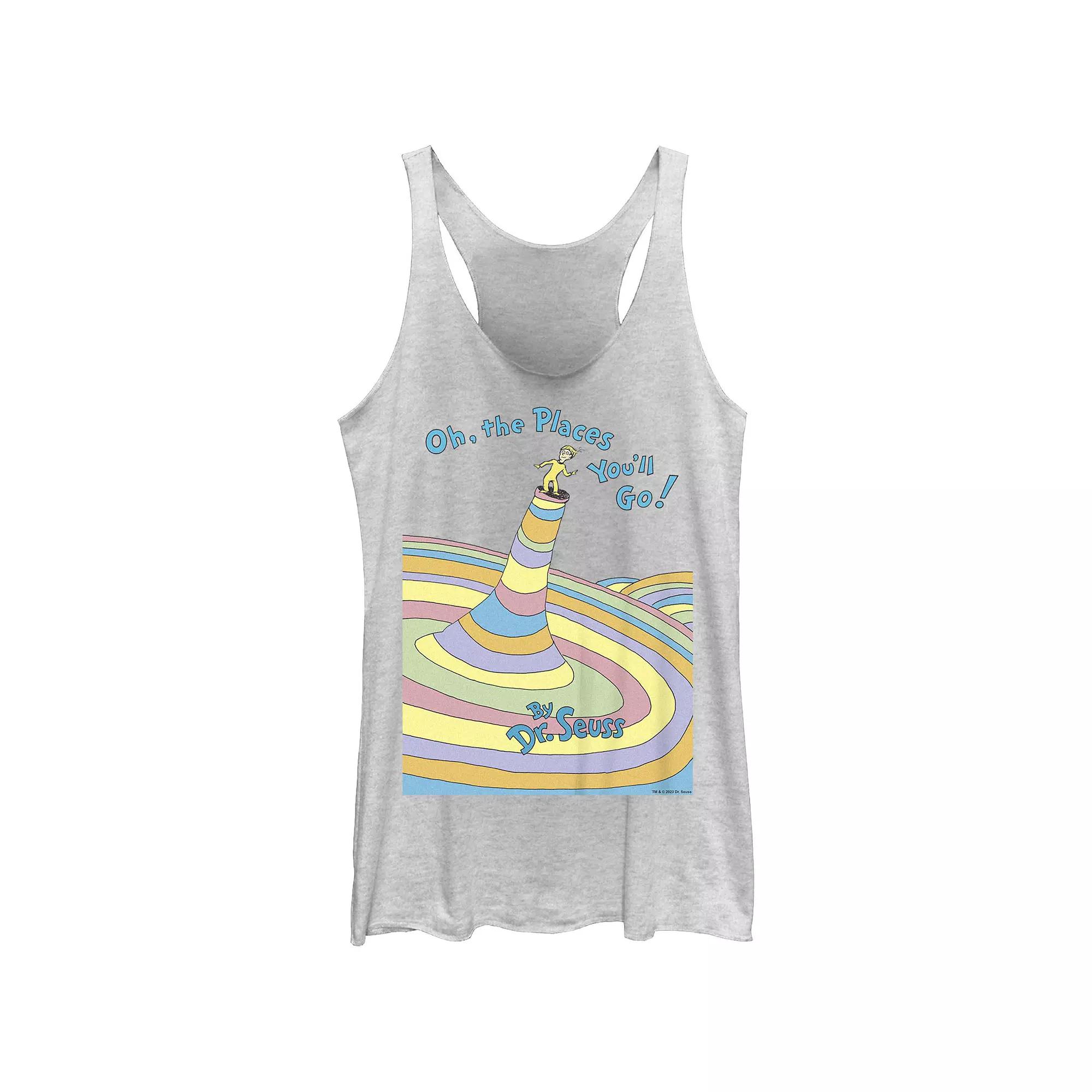 Juniors' Dr. Seuss Oh, The Places You'll Go! Book Cover Racerback Tank Top, Girl's, Size: Medium, White Grey Product Image