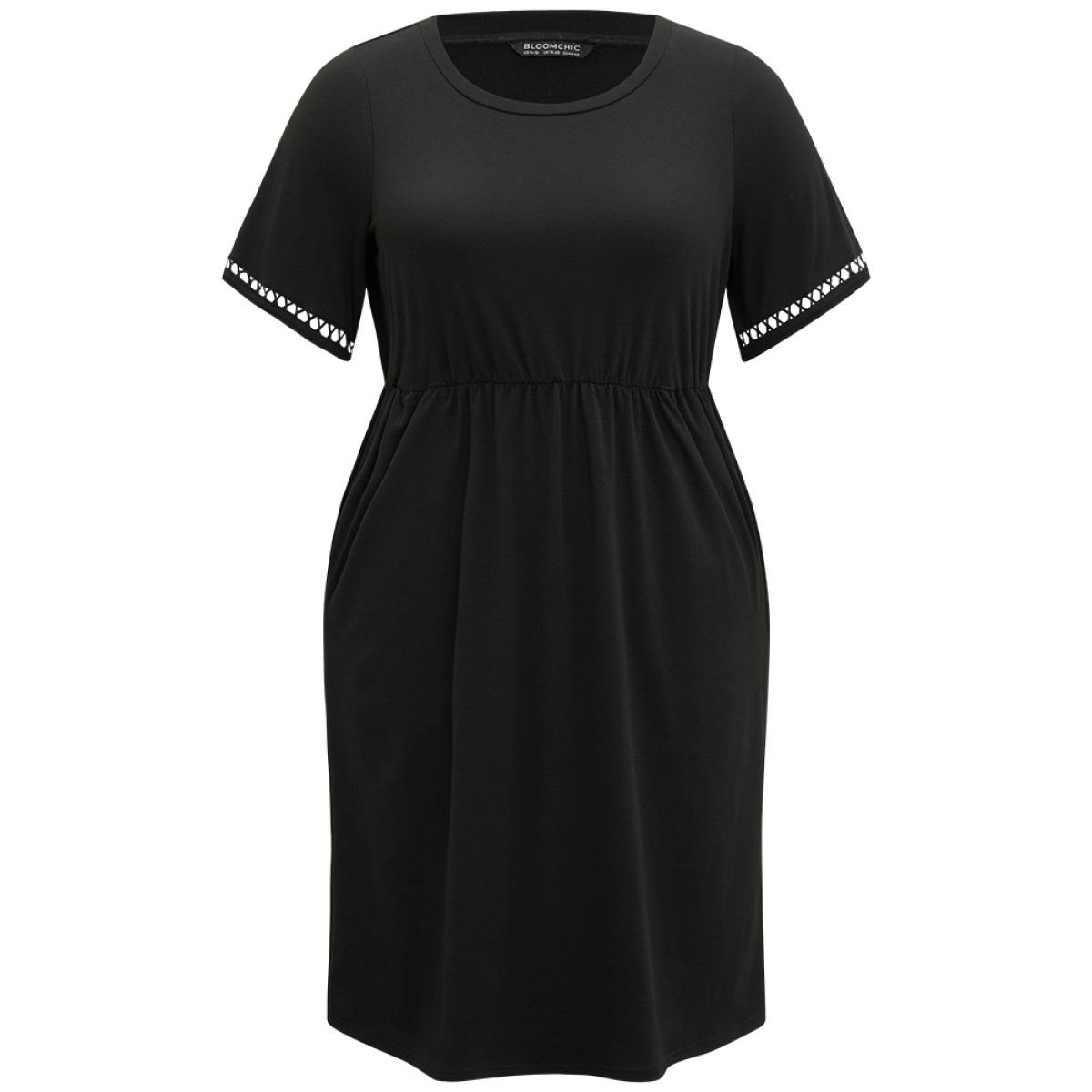 Plus Size Plain Crew Neck Pocket Hollow Out Ruffle Hem Dress Black Women Casual Patchwork Round Neck Short sleeve Curvy Midi Dress BloomChic 22-24/3X Product Image