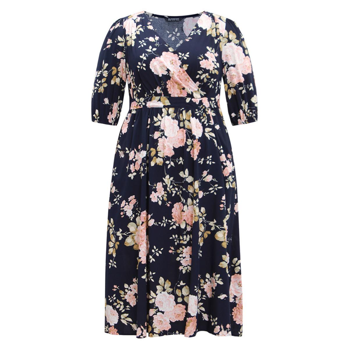 Plus Size Floral Print Pleated Ties Wrap Lantern Sleeve Dress DarkBlue Women Vacation Elastic cuffs Overlap Collar Half Sleeve Curvy Midi Dress BloomChic 14-16/1X Product Image