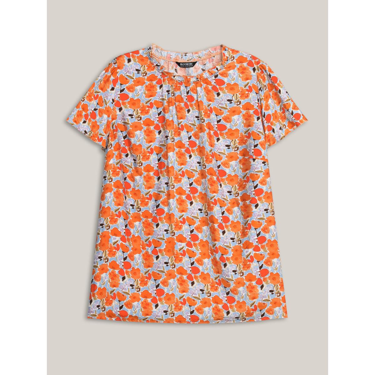 Plus Size LightBlue In Full Bloom Mock Neck Shirt Women Resort Cap Sleeve Stand-up collar Vacation Blouses BloomChic 22-24/3X Product Image