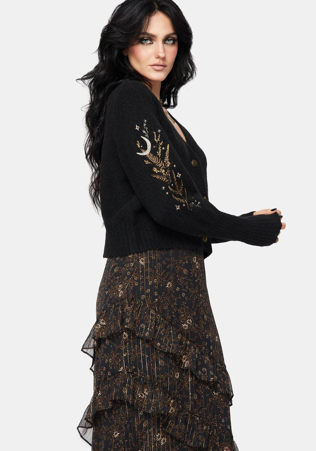 Abellona Floral Moon Embroidered Balloon Sleeve Knit Cardigan Product Image
