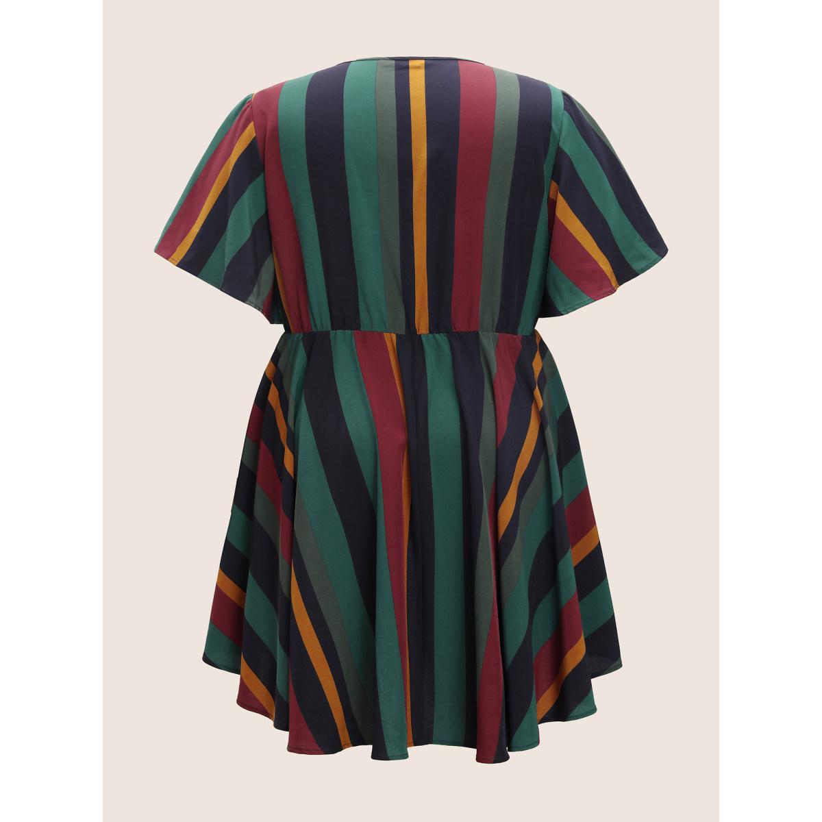 Striped Elastic Waist Plus Size Women Blouses Vacation Multicolor Bodycon Ruffle Sleeve Short Sleeve V Neck Dailywear Blouses BloomChic Product Image