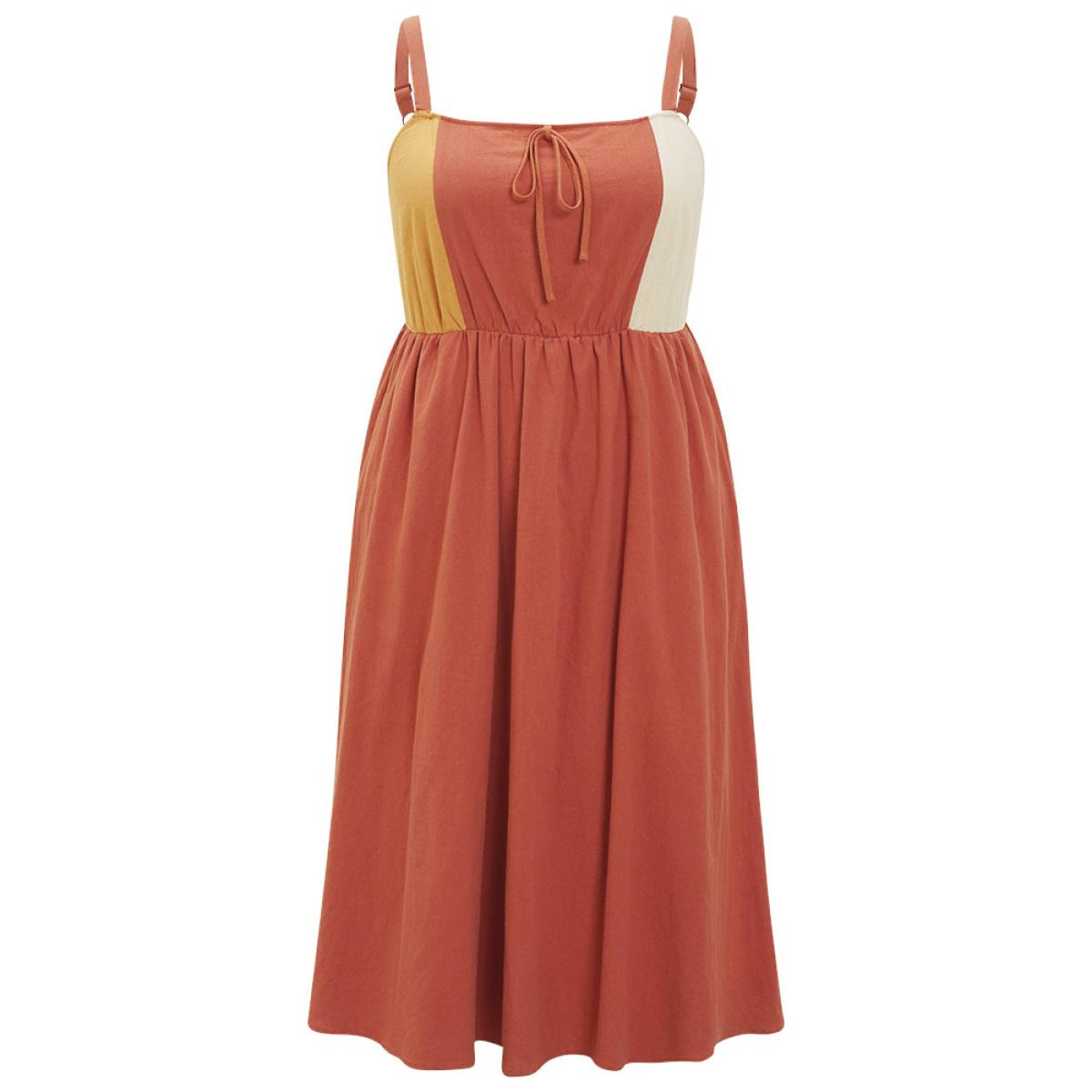 Plus Size Color Block Contrast Pocket Flutter Hem Knot Cami Dress Rust Women Casual Adjustable Straps Spaghetti Strap Sleeveless Curvy Midi Dress BloomChic 22-24/3X Product Image