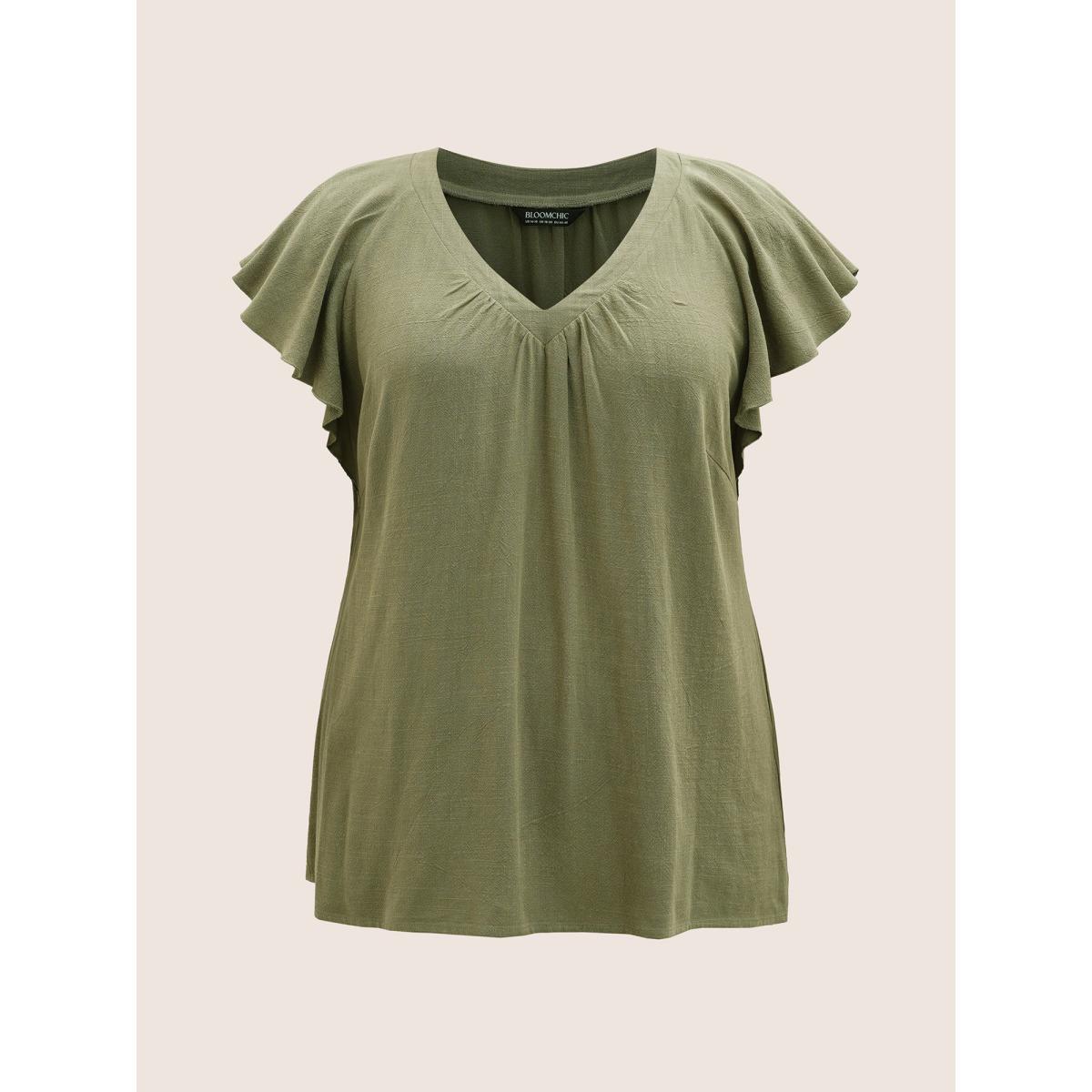 Plus Size ArmyGreen Linen Blend Gathered Ruffle Cap Sleeve Blouse Women Casual Cap Sleeve V-neck Everyday Blouses BloomChic 14-16/1X Product Image