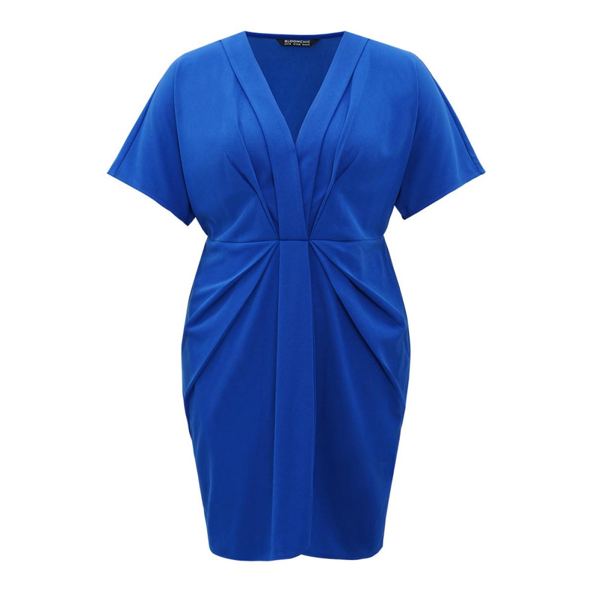 Plus Size Plain Shawl Neck Pleated Batwing Sleeve Dress Blue Women Glamour Plain V-neck Short sleeve Curvy Knee Dress BloomChic 12/L Product Image