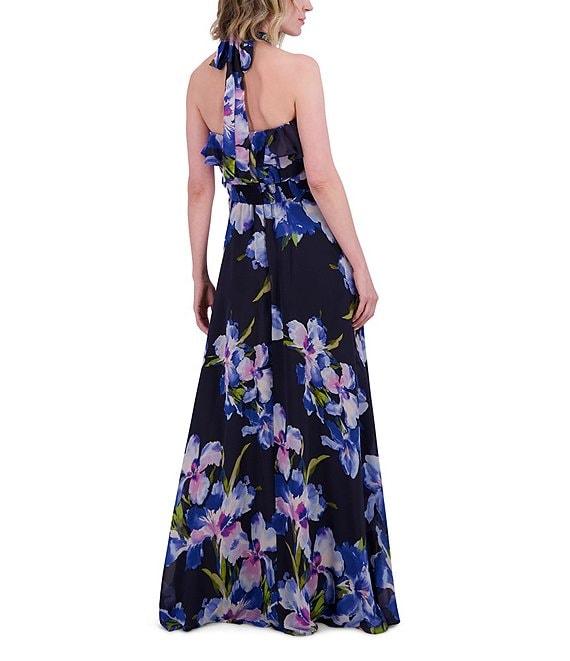 Eliza J Chiffon Floral Print Halter Neck Sleeveless Ruffle Maxi Dress Product Image