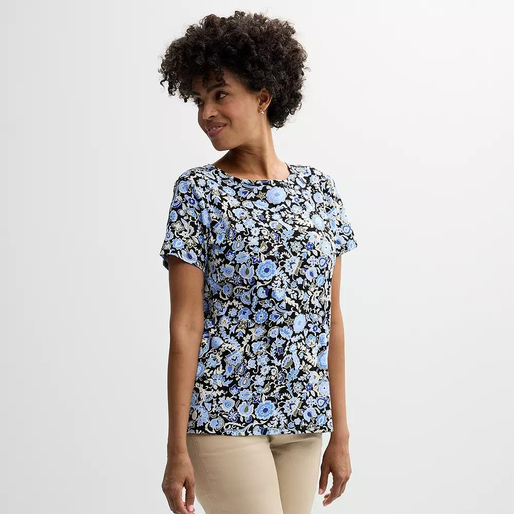 Women's Croft & Barrow® Essential Crewneck Tee, Size: Small, Black Blue Floral Vine Product Image