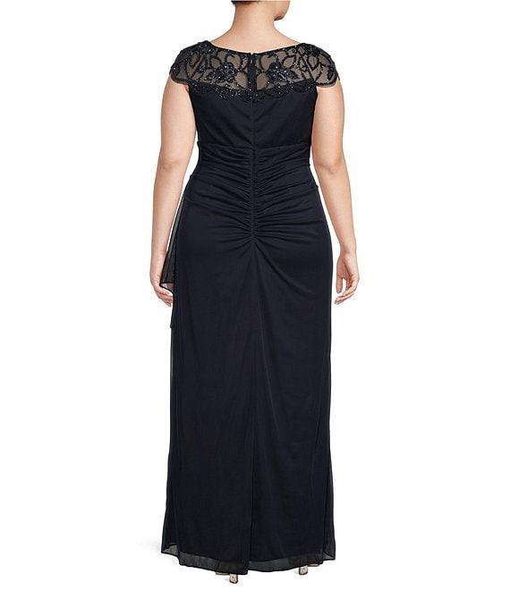 Xscape Plus Size Beaded Cap Sleeve Illusion Crew Neck Ruched Gown Product Image
