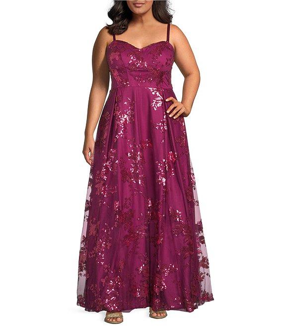 City Vibe Plus Size Embellished Sequin Spaghetti Strap Sweetheart Neck Ball Gown Product Image
