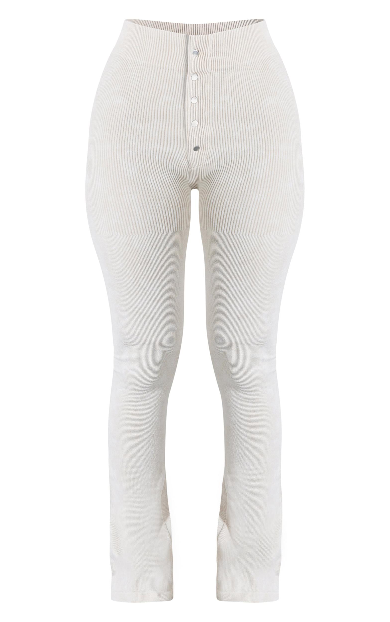 Petite Cream Faded Snatched Rib Button Detail Flare Leggings Product Image