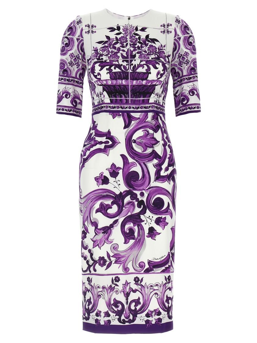 DOLCE & GABBANA Violet Crewneck Dress With Rear Zip Closure And All-over Floral Print In Silk Stretch Woman In Purple Product Image