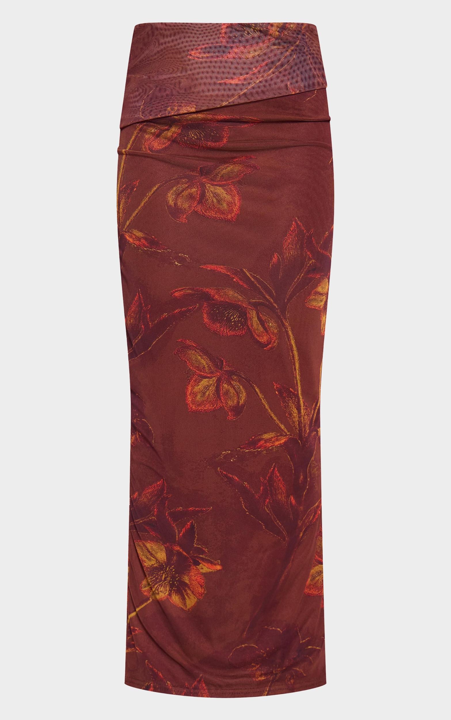 Brown Floral Print Low Rise Maxi Skirt Product Image