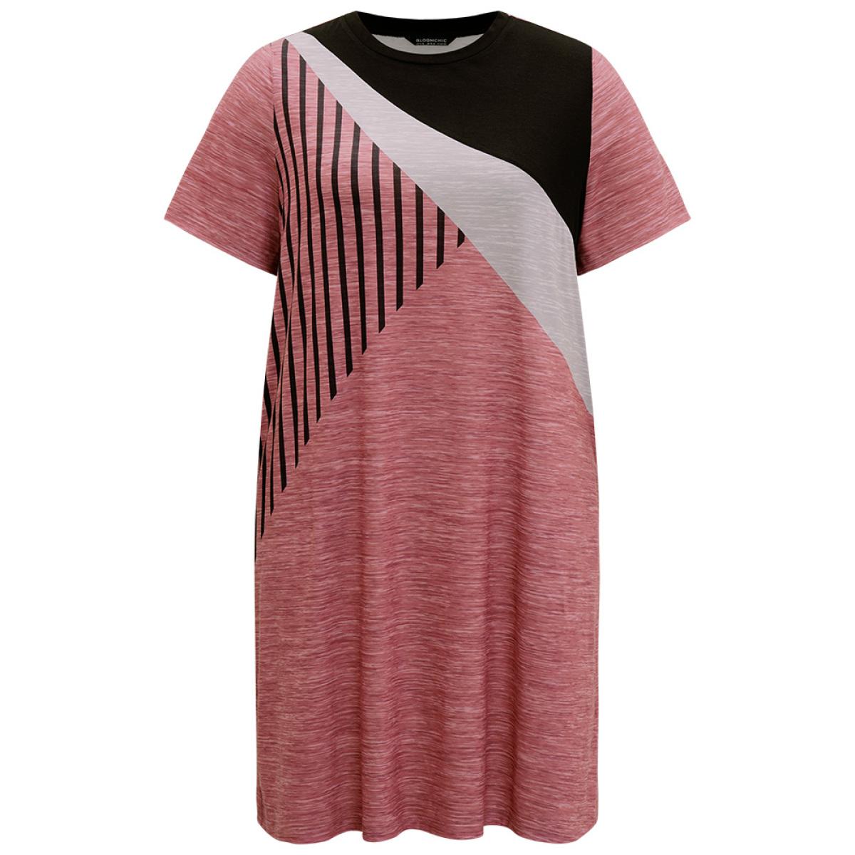 Plus Size Colorblock Contrast Striped Pocket Crew Neck Dress Russet Women Casual Patchwork Round Neck Short sleeve Curvy Midi Dress BloomChic 28/5X Product Image