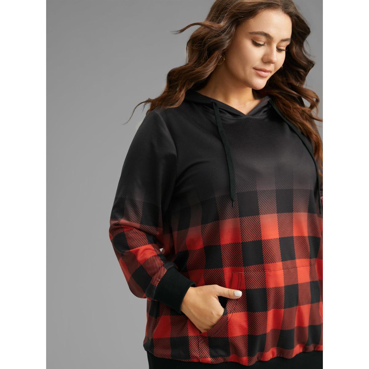 Plus Size Rib Knit Ombre Plaid Pocket Hooded Sweatshirt Women Red Casual Rib Knit Hooded Festival-Christmas Sweatshirts BloomChic 18-20/2X Product Image