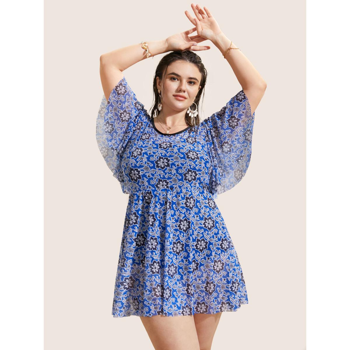 Plus Size Ditsy Floral Ruffle Sleeve Cut Out Swim Dress Women's Swimwear Mediumblue Beach Bodycon Round Neck High stretch Curve Swim Dresses BloomChic 30/6X Product Image