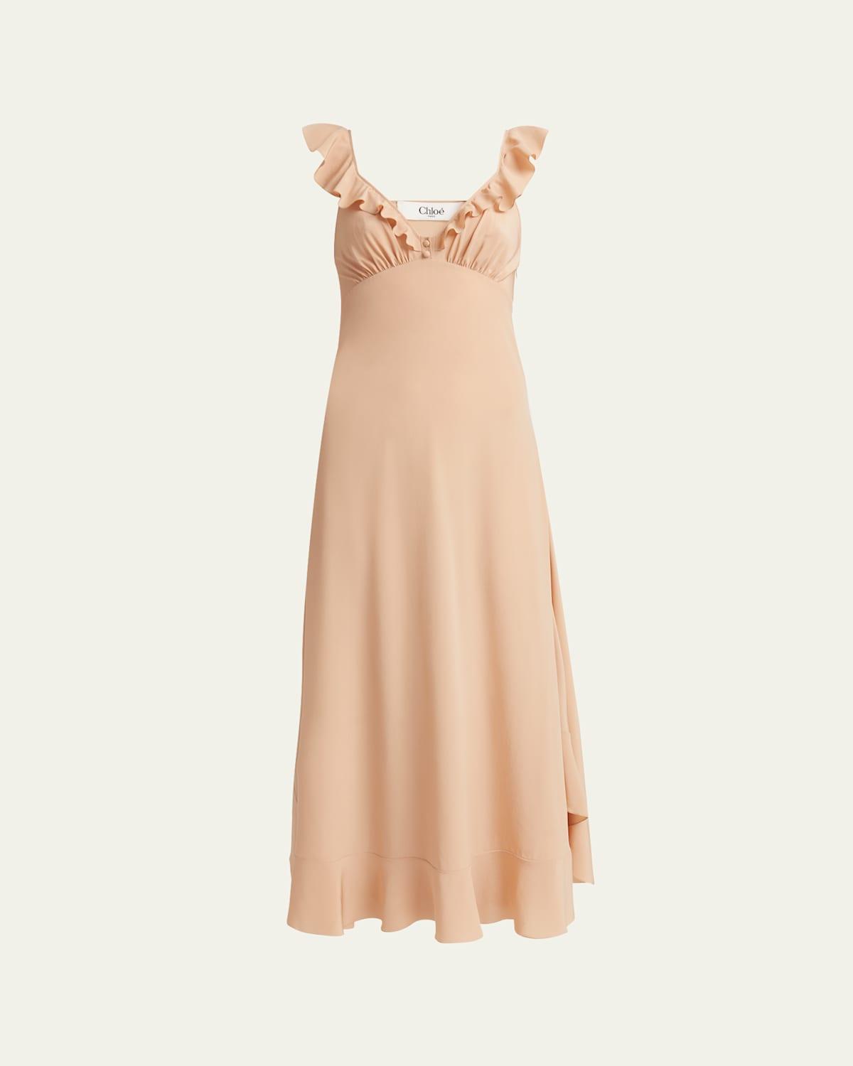 CHLOÉ Long Silk Dress With Flared Skirt And Ruffled Straps In Beige Product Image