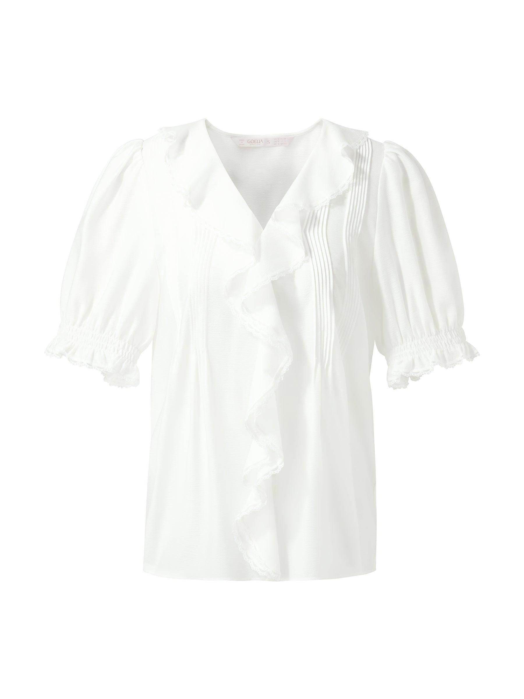 Acetate Blend Ruffle V-Neck Women Blouse Product Image