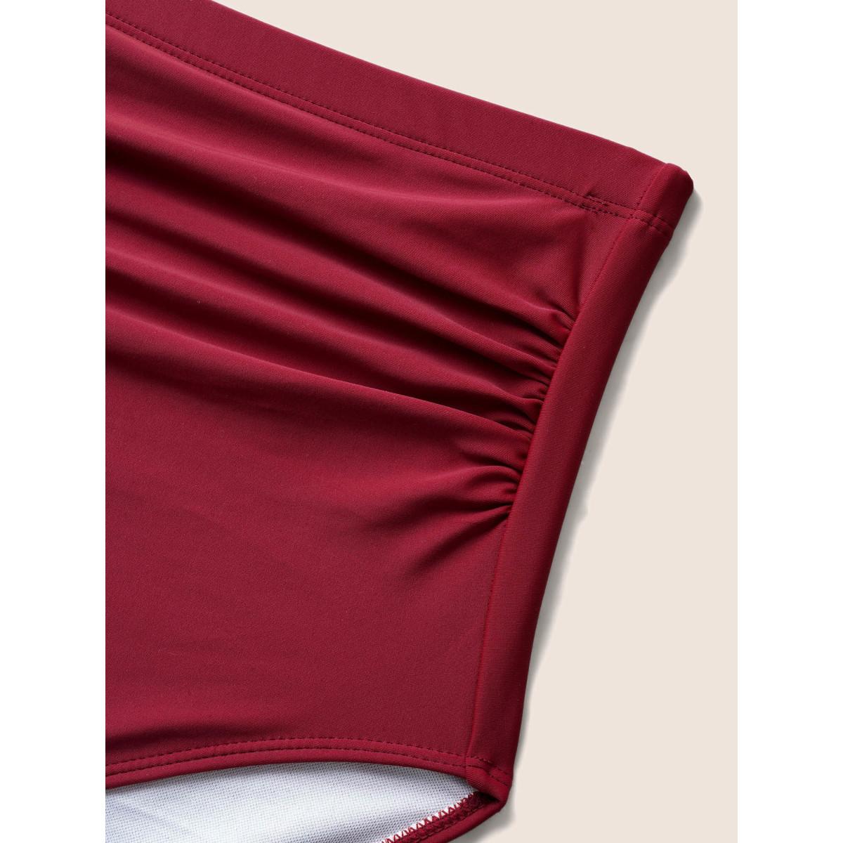 Plus Size Solid Overlap Collar Lace Patchwork Gathered Swim Dress Women's Swimwear Deepred Beach Bodycon Overlap Collar High stretch Curve Swim Dresses BloomChic 12/L Product Image