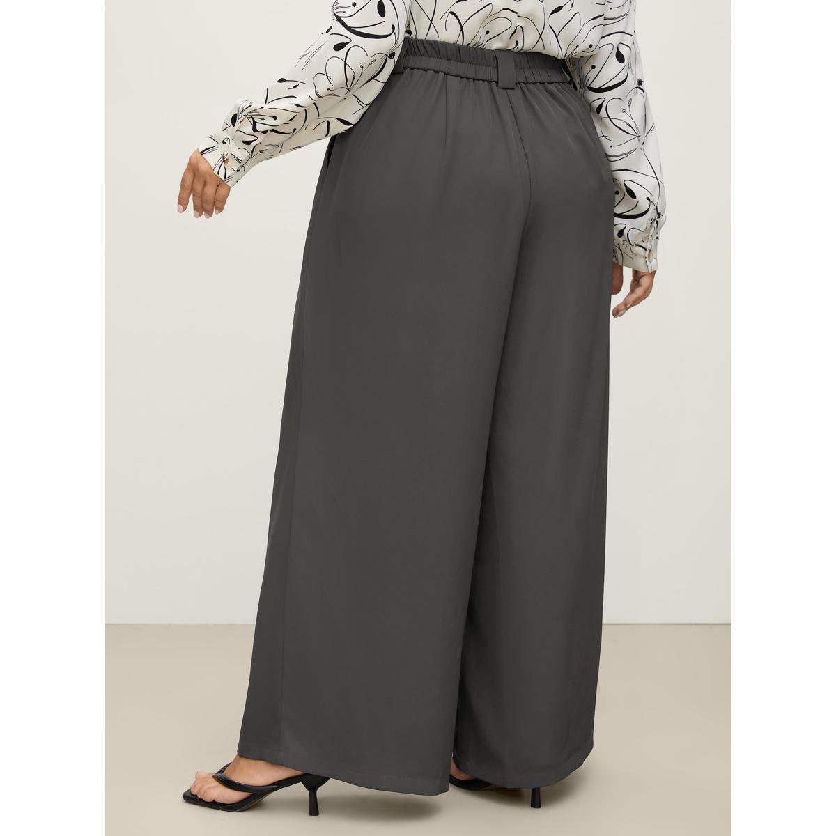 Plus Size Stretchy Waist Pleated Wide-Leg Pants Women DimGray Office Loose Mid Rise Office Pants BloomChic 14-16/1X Product Image