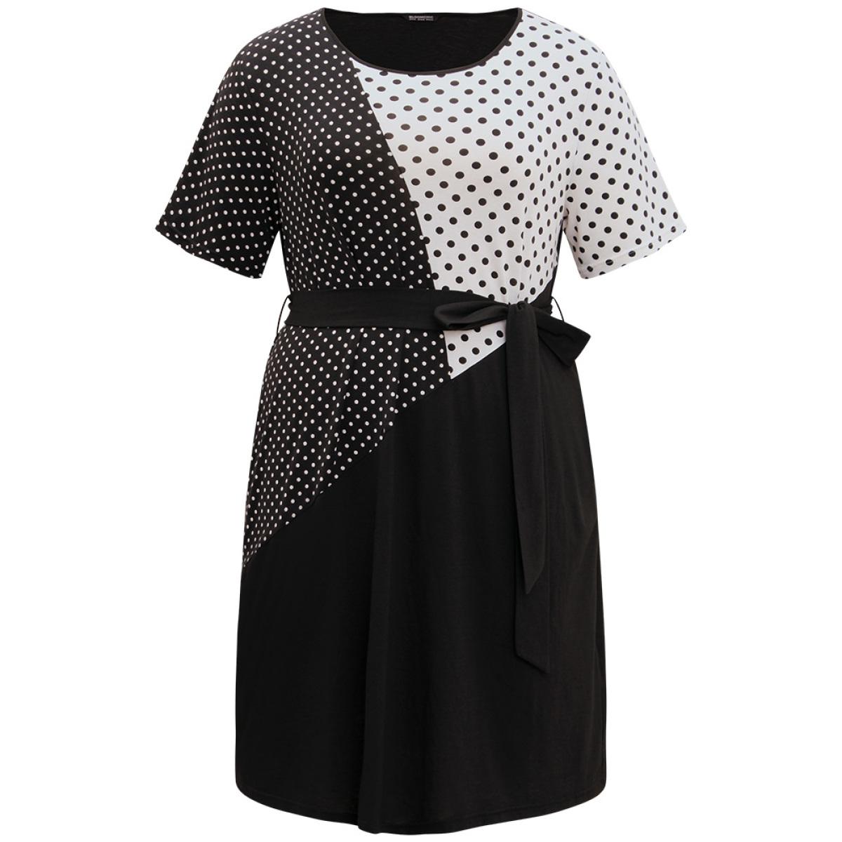Plus Size Supersoft Essentials Polka Dot Pocket Patchwork Belted Dress Black Women Casual Belted Round Neck Short sleeve Curvy Midi Dress BloomChic 14-16/1X Product Image