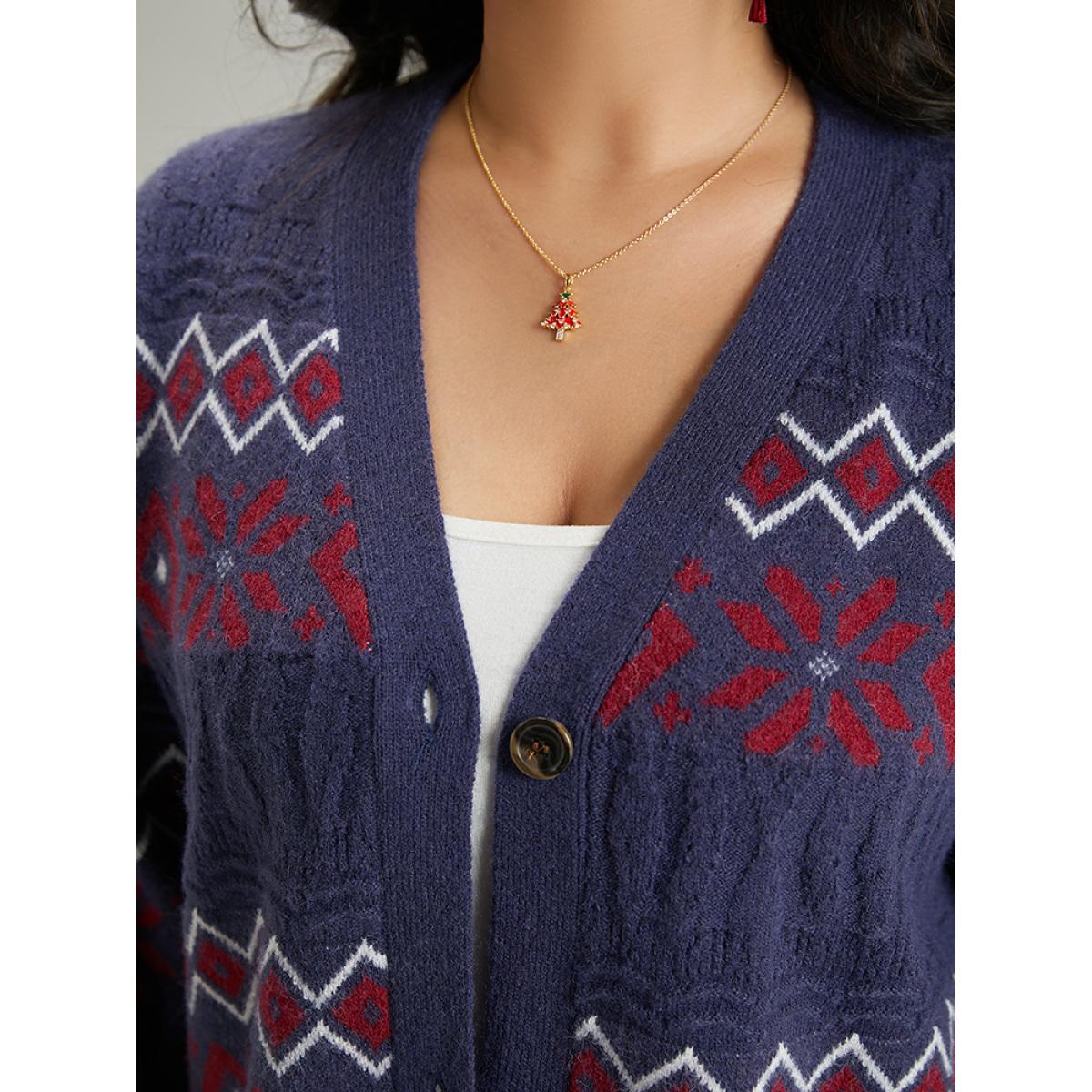 Plus Size Geometric Graphic Contrast Elastic Cuffs Button Up Cardigan Multicolor Women Casual Loose Long Sleeve Festival-Christmas Cardigans BloomChic 26/4X Product Image