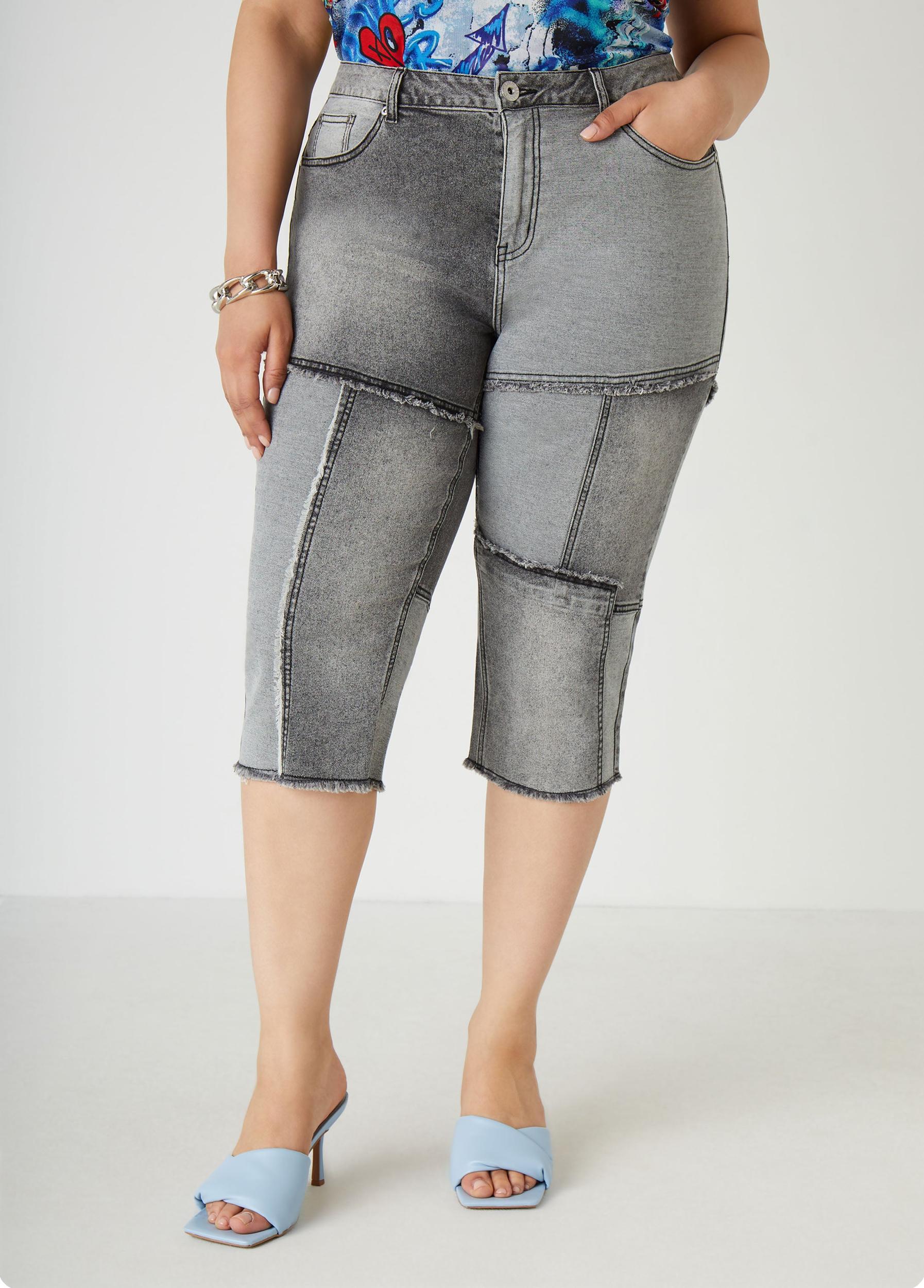Frayed Patchwork Denim Capris Product Image